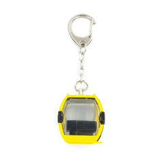 Yellow Jagerndorfer Omega IV gondola keychain made of plastic with a clear window and silver metal ring.