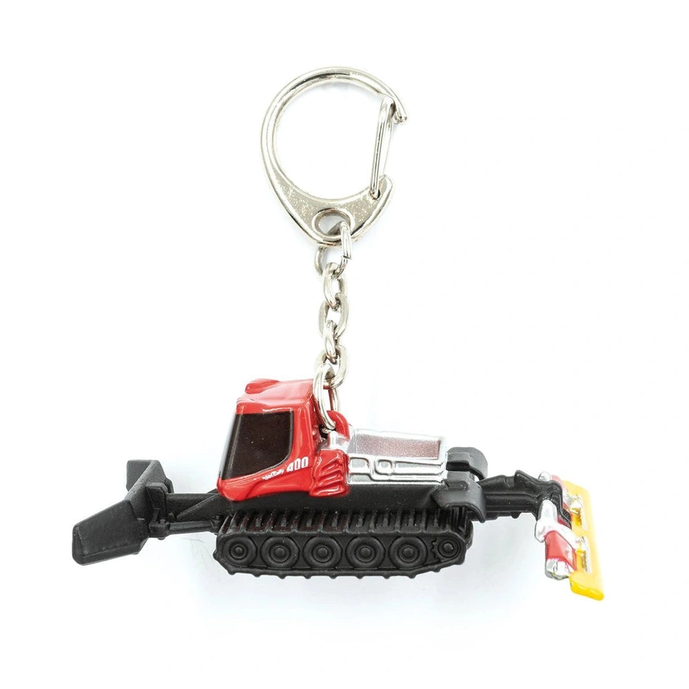 Jagerndorfer Pistenbully 400 keychain featuring a red, yellow, and black toy tank in front view layout.