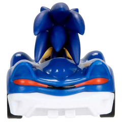 Sonic The Hedgehog die cast vehicle in blue plastic with glossy finish and multicolored stripes and wheels.