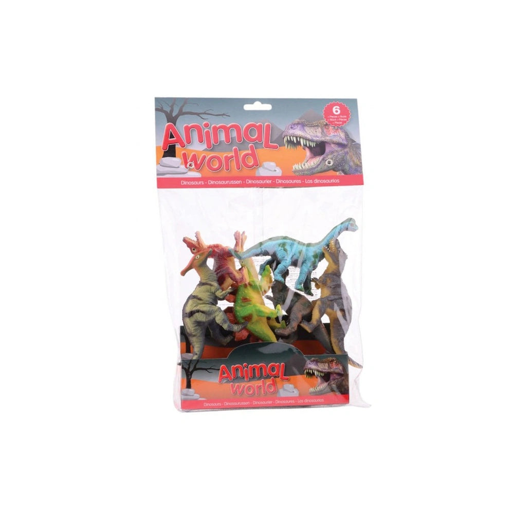 Johntoy Animal World Dinosaurs 6 Pcs Pack features cartoon dinosaurs on glossy white packaging with a desert landscape design