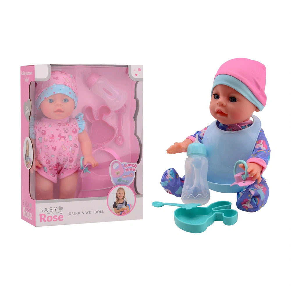 Baby Rose Drink And Pee Doll in shiny clothing and hair, displayed in a matte cardboard package with a transparent window.