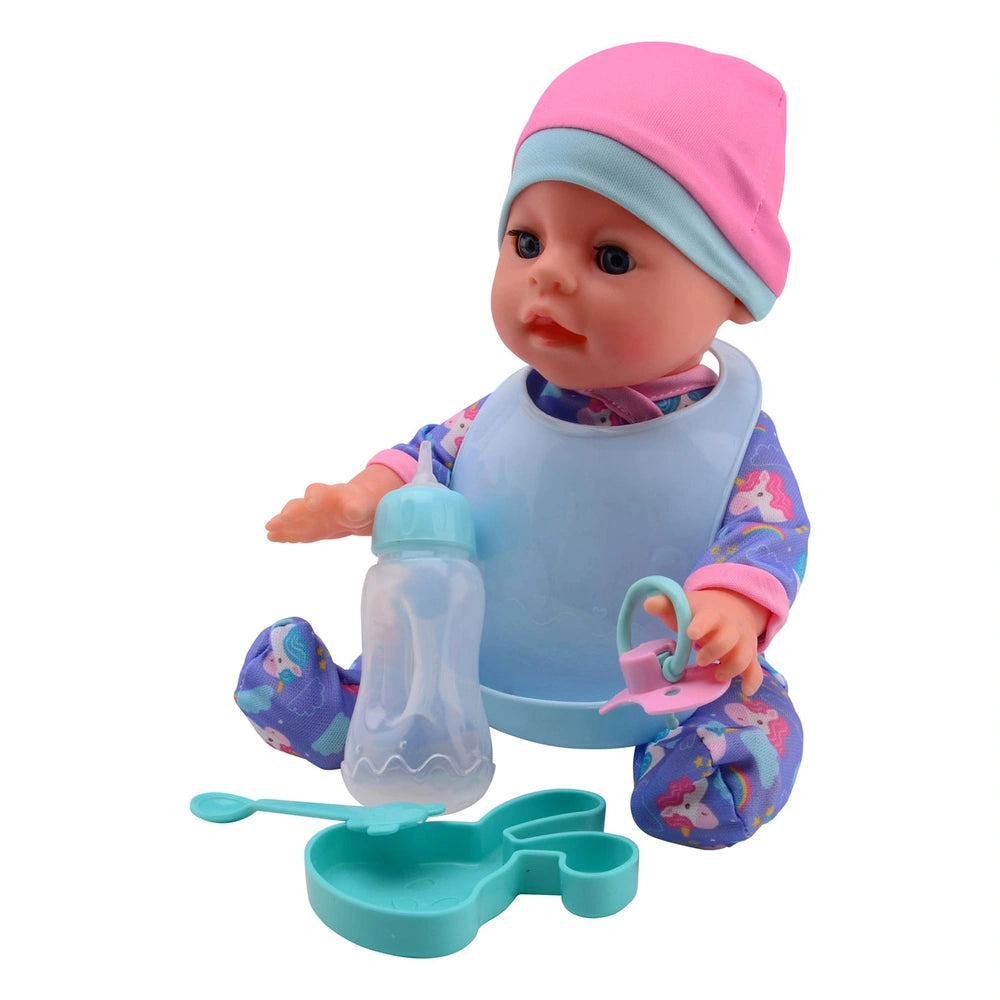 Baby Rose Drink And Pee doll with pink and blue hat, floral clothing, and blue bib, spoon, and bottle made of plastic.