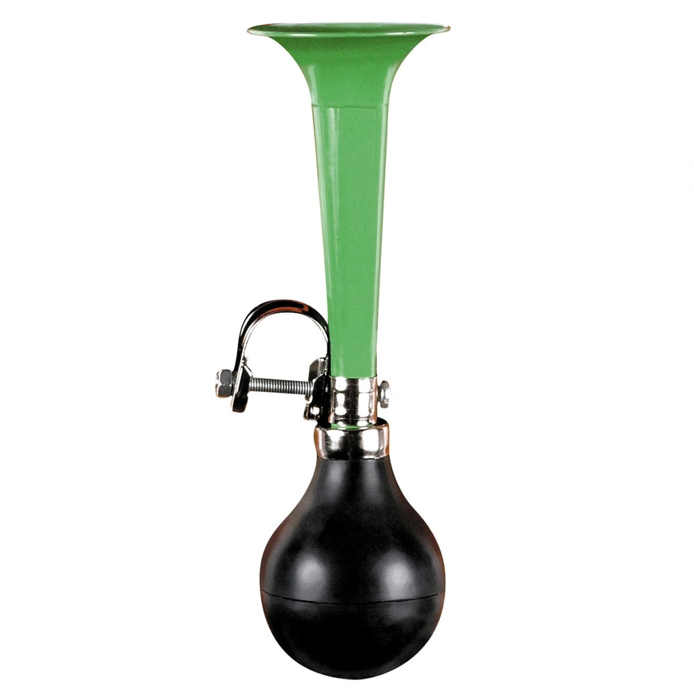 Johntoy bicycle horn features a green plastic top, black plastic bottom, and silver metal middle for outdoor play equipment.