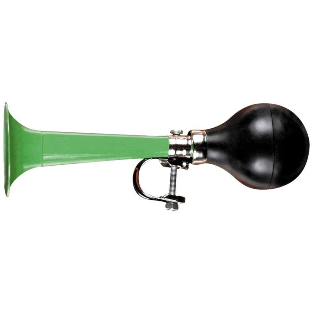 Johntoy bicycle horn features a green plastic tube, black plastic ball, and silver metal ring for outdoor play.