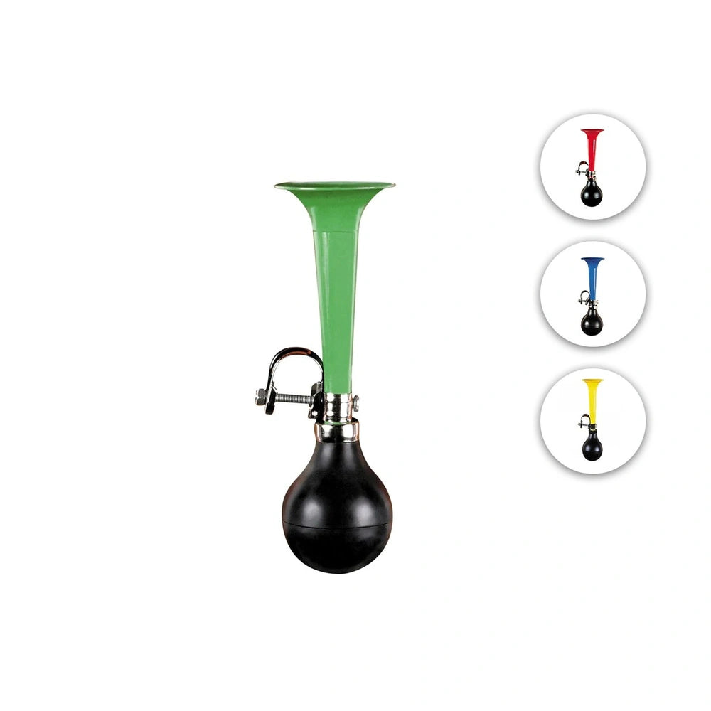 Bicycle horn in glossy green with black bottom, featuring a silver handle and three colored icons: red, blue, yellow.