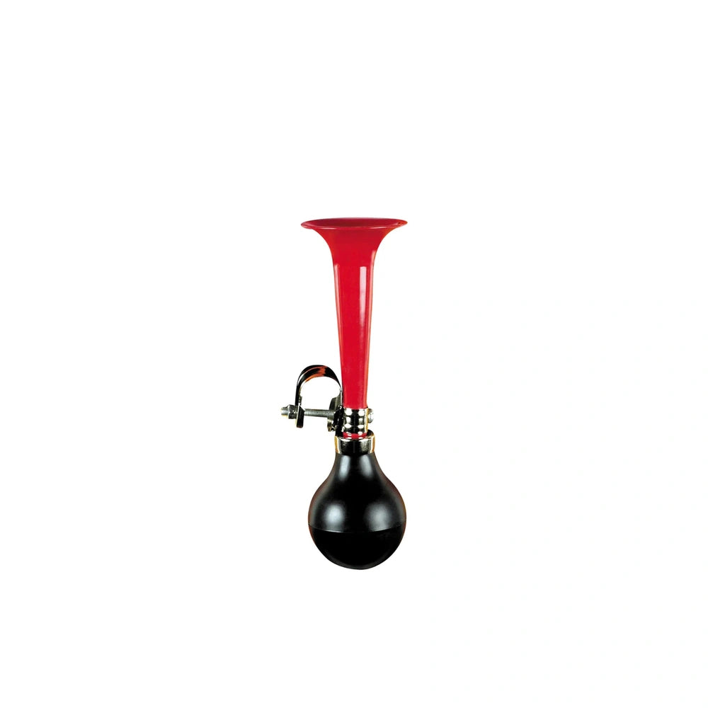 Johntoy bicycle horn features a red plastic tube and black plastic bulb, designed for outdoor play equipment.