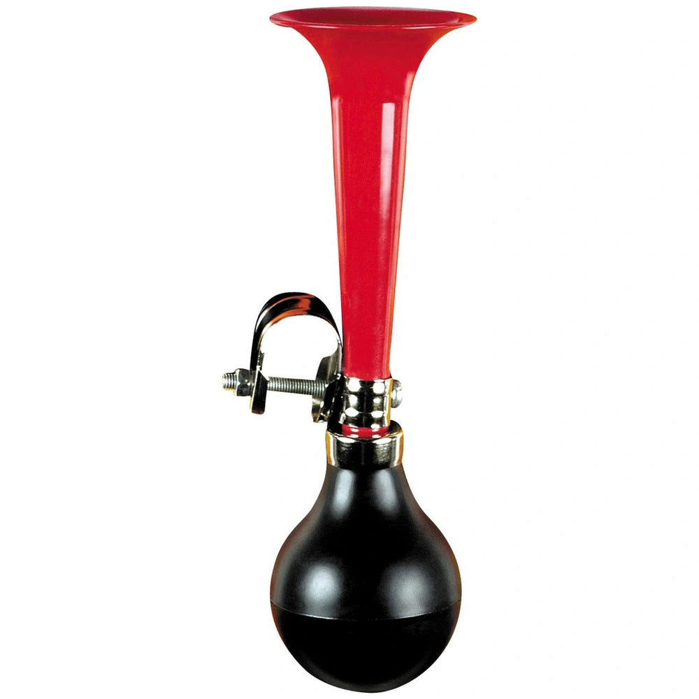 Johntoy bicycle horn features a red plastic tube, black base, and silver metal connector for outdoor play equipment.