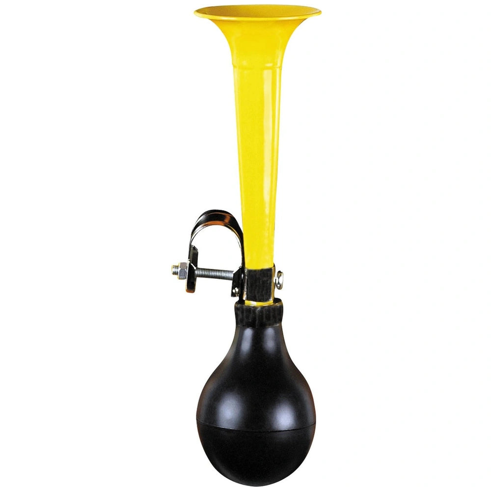 Yellow metal bicycle horn with a glossy finish, featuring a black bottom and silver ring in the center.