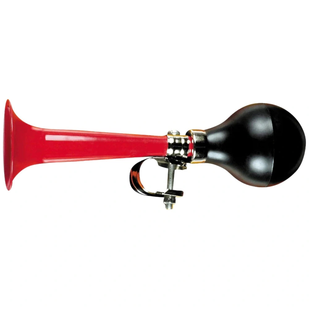 Johntoy bicycle horn features a red and black plastic design with a metal attachment point and black plastic base.