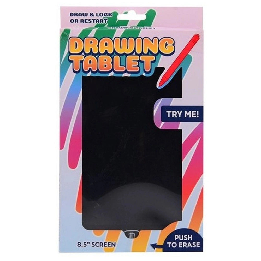 Black Johntoy drawing tablet playset in glossy packaging with red pencil and transparent window, featuring "Draw & Lock" text