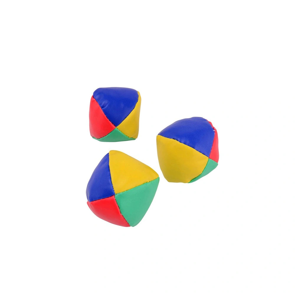 Johntoy juggling balls in red, blue, green, and yellow, featuring a matte finish, arranged in a three-piece pack.