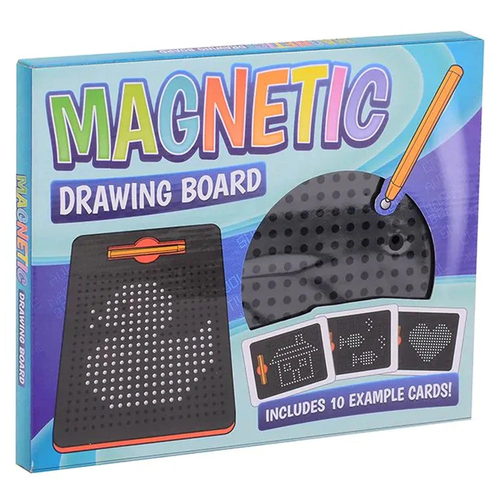 Johntoy Magnetic Drawing Board Playset features a blue background, orange board, black accents, yellow pencil, and example ca
