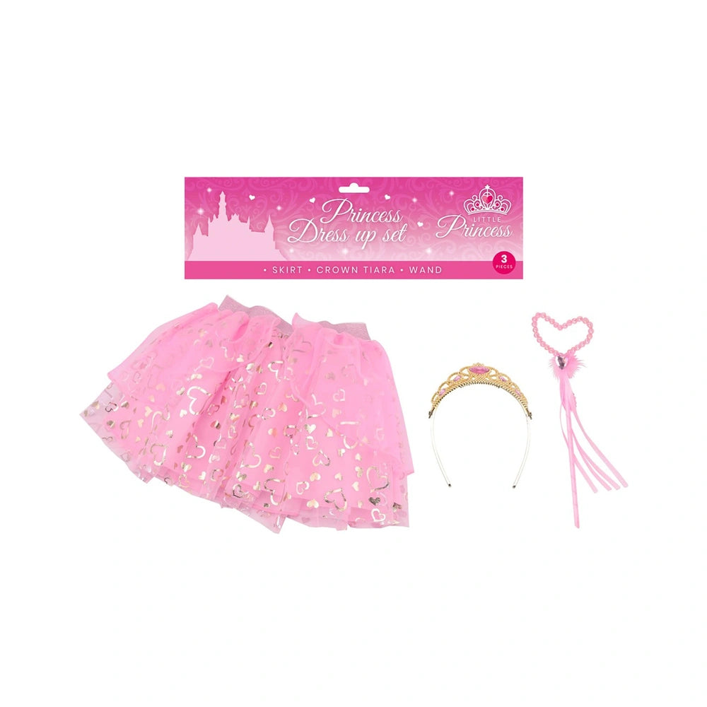 Princess Dress Up Set featuring a pink and white tutu, crown tiara, and wand in glossy packaging with heart-shaped accessory.