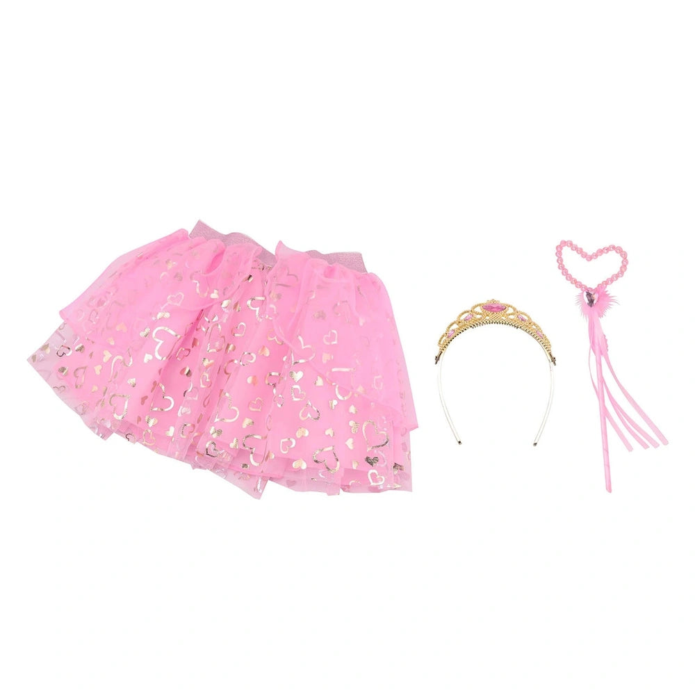 Princess dress up set featuring a pink tutu skirt with hearts, a metallic headband, and a pink tassel.