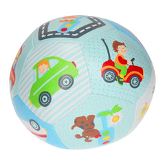 Johntoy Softball 14 cm features a smooth, light blue surface with printed images of a car, tricycle, dog, and flower.