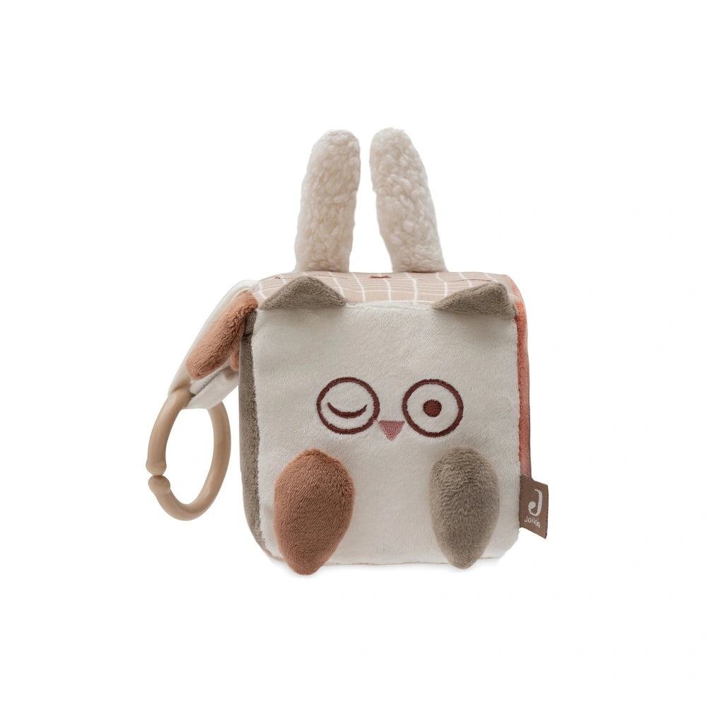 Jollein Activity Cube features soft plush fabric, white base, and animal designs in brown and gray with round ears and facial