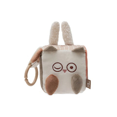Jollein Activity Cube features soft plush fabric, white base, and animal designs in brown and gray with round ears and facial