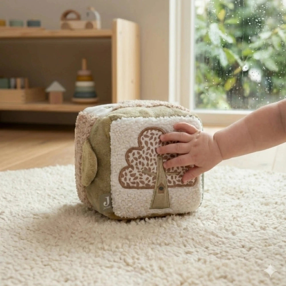 Jollein Activity Cube Tiny Park with a baby's hand on soft fabric, set on a white shaggy rug and wooden floor.