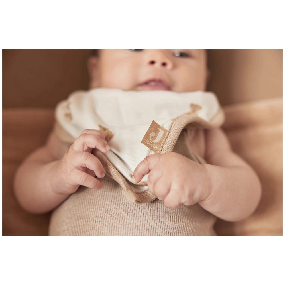 Jollein Bib Bandana Teddy Bear 2 Pack featured on a baby in light beige clothing, showcasing soft fabric and playful design.