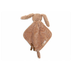 Jollein plush bunny pacifier cloth in muted brown, featuring a frayed tail and soft, cuddly fabric.