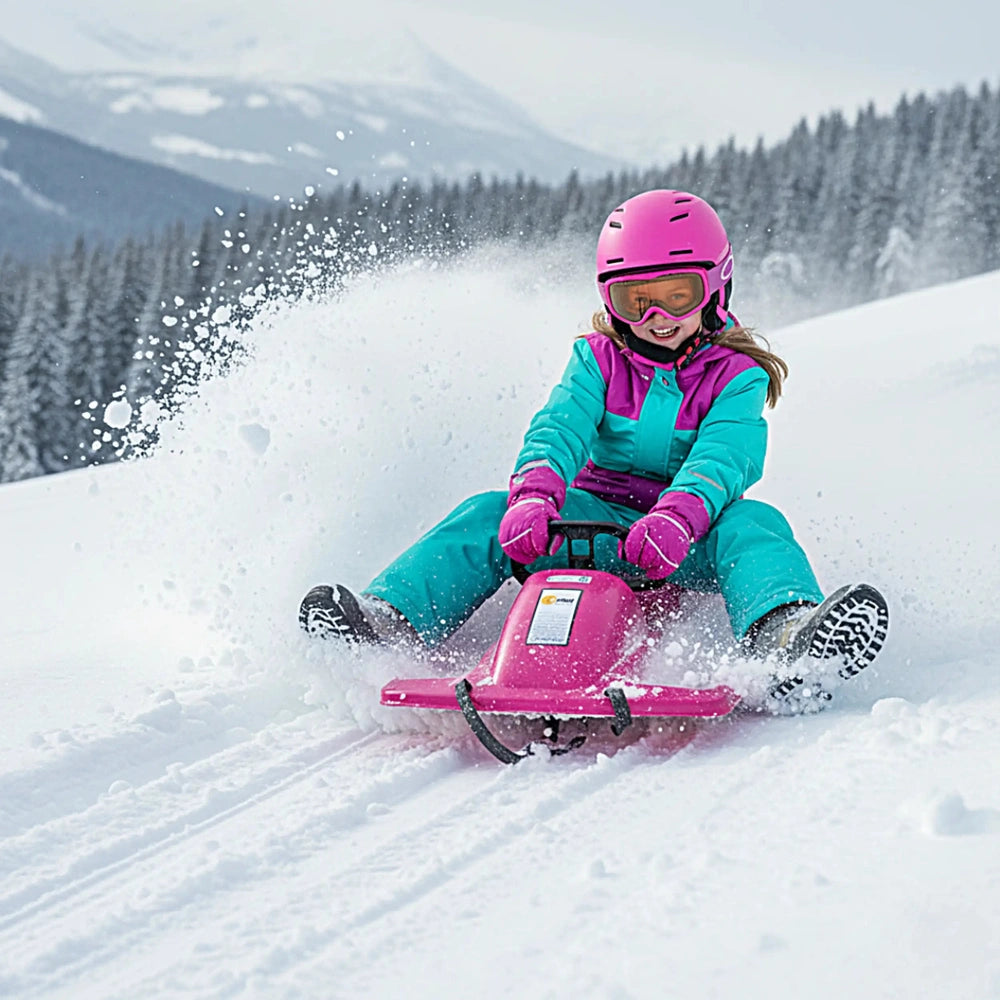 KHW Snow Fox Sled in anthracite with a person on a pink snowmobile, wearing a colorful snowsuit in a snowy landscape.
