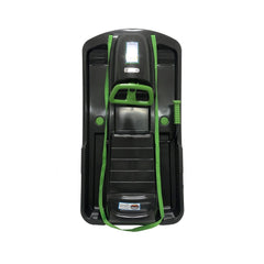 KHW Snow Fox Sled in glossy black with green strap and buckle, featuring a blue label on the body.