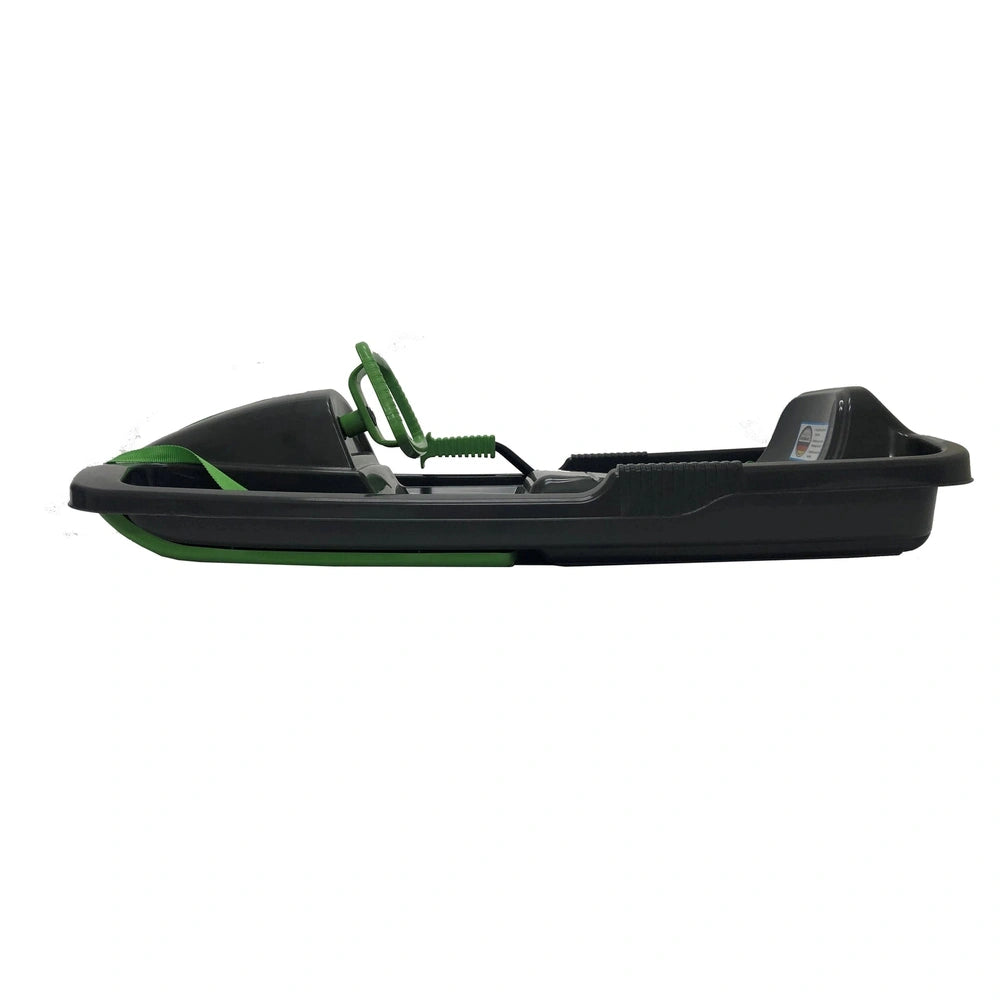 KHW Snow Fox Sled in anthracite with a green trim, featuring a central seat and handle for outdoor play.