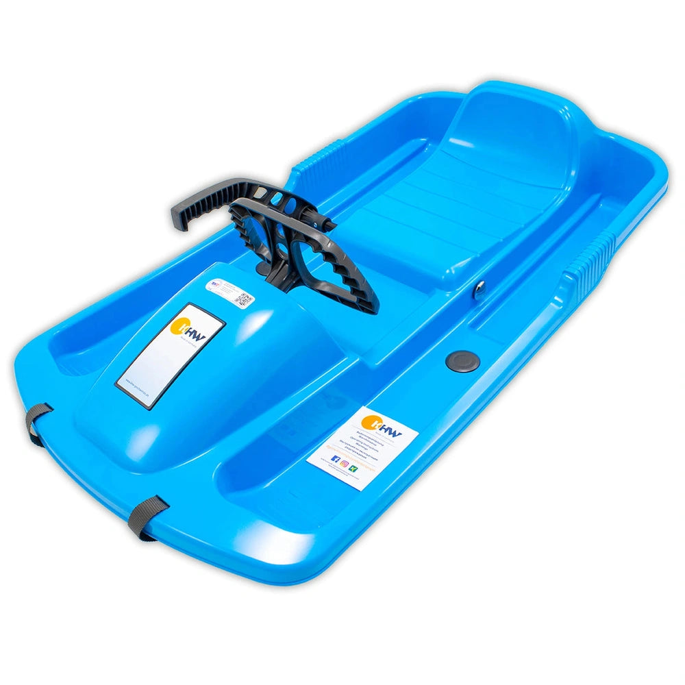 KHW Snow Fox sled in shiny blue plastic with a matte dark blue seat, footrests, and handle, designed for outdoor play.