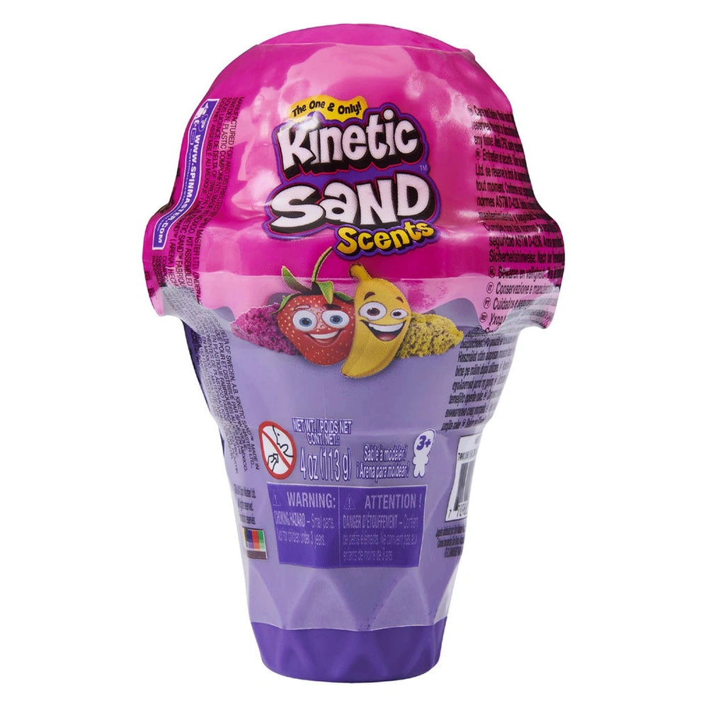 Kinetic Sand Ice Cream Cone Container features glossy purple packaging with red strawberries and yellow banana graphics.