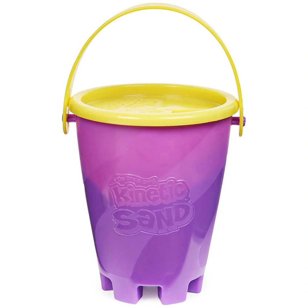 Kinetic Sand Mini Bucket features a shiny purple body with a yellow lid and handle, showcasing playful branding on the side.