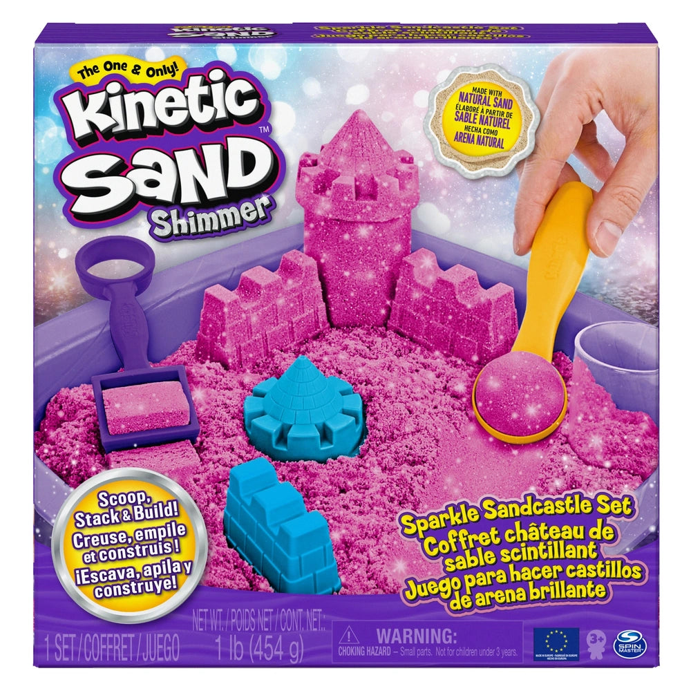 Kinetic Sand Shimmer Sparkle Sandcastle Set features pink sand, a castle, and a yellow shovel in a colorful purple tray.