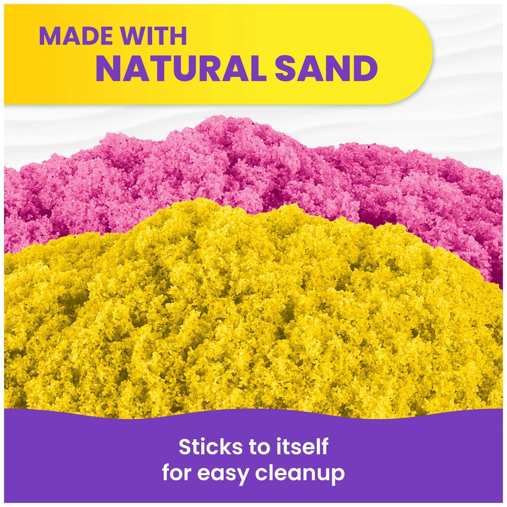 Kinetic Sand Squish Blossom packaging features a gradient yellow and purple background with text stating "MADE WITH NATURAL S
