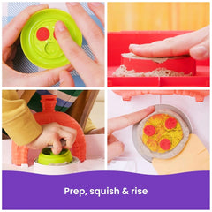Kinetic Sand Squish Pizza kit showcases a child's hands preparing pizza with colorful containers and a checkered tablecloth.