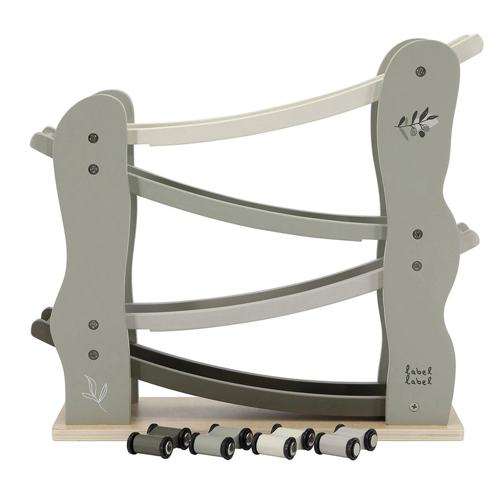 Label-Label-Car-Slider-Baby-Activity-Toys with a light wood base, metallic body, and four glossy handles in a rectangular sha