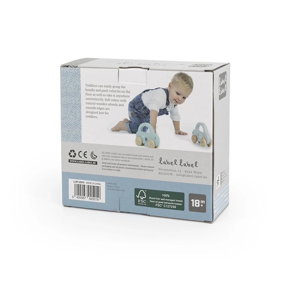 Label-Label Little Car push and pull toy in blue and white cardboard packaging with a glossy label and plastic window.