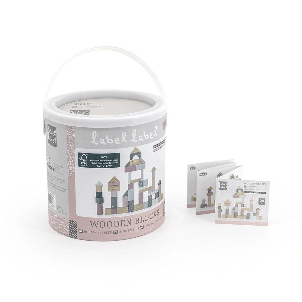 Label-Label Wooden Blocks in a decorative white bucket with a handle, featuring various designs on the surface.