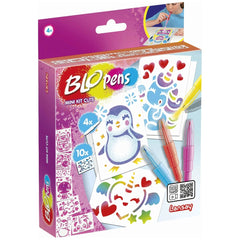 LANSAY Blopens Mini Kit Cute features a glossy purple package with penguin graphics, colorful stickers, and markers visible t