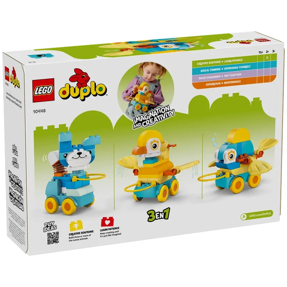 LEGO - 3in1 Animals on Wheels construction set box featuring a young girl with blonde hair holding a blue and white vehicle.