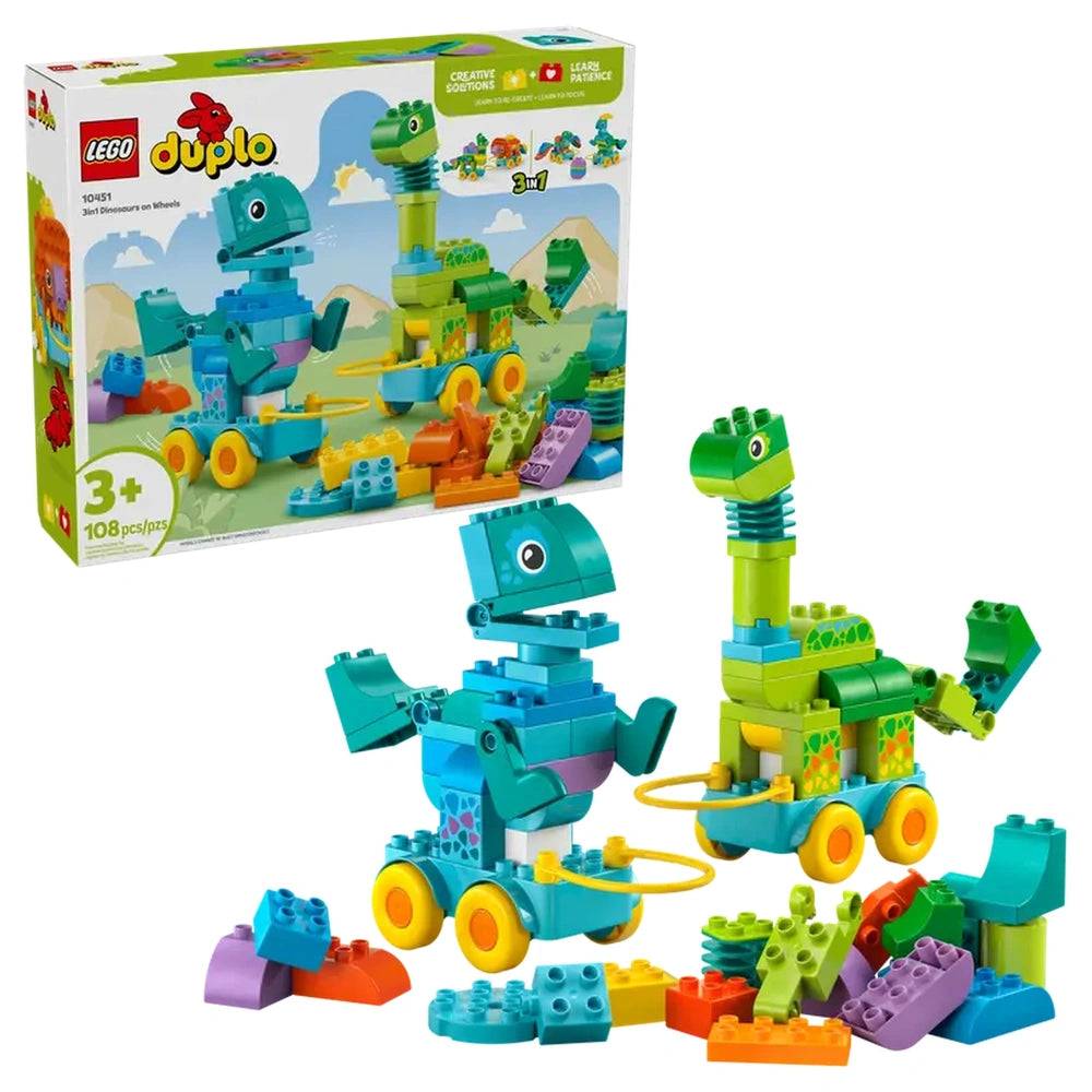 LEGO Duplo dinosaur building set featuring colorful interlocking bricks in a clear box labeled "Creative Creatures."