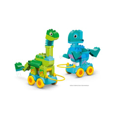 LEGO dinosaurs on wheels in green and blue, featuring yellow wheels and vibrant spotted bodies against a white background.