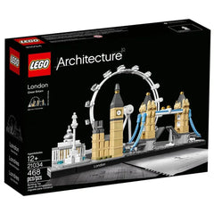 LEGO Architecture London set showcasing iconic landmarks including Big Ben, Tower Bridge, and the London Eye against a black background.