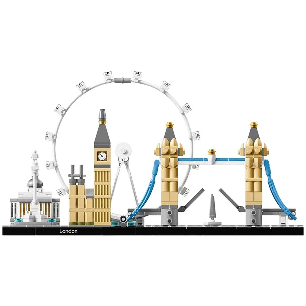 LEGO Architecture London set featuring Big Ben, Tower Bridge, and the London Eye, intricately designed in authentic colors.