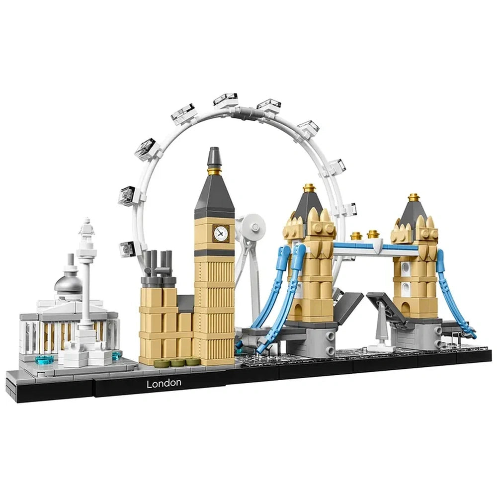 LEGO Architecture London set featuring Big Ben, Tower Bridge, the London Eye, and the National Gallery in intricate detail.