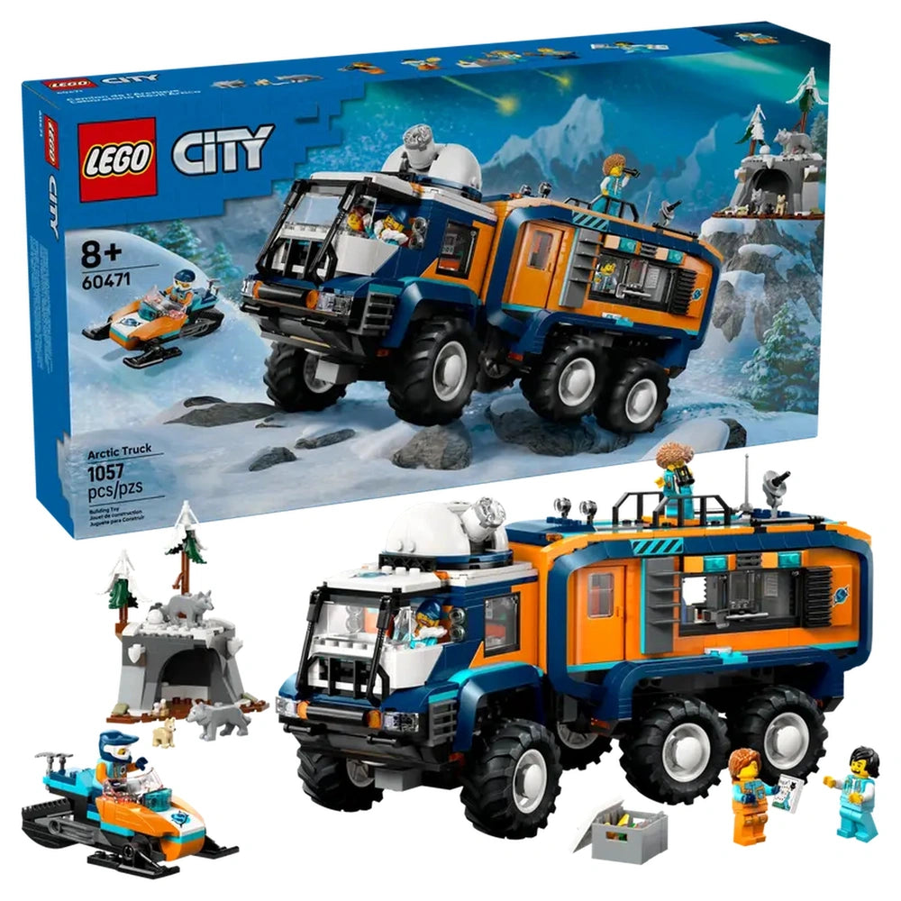 LEGO Arctic Explorer Science Lab Truck set features a blue and orange truck, smaller vehicles, and minifigures in a snowy lan