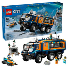 LEGO Arctic Explorer Science Lab Truck set features a blue and orange truck, smaller vehicles, and minifigures in a snowy lan