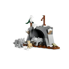 LEGO Arctic Explorer Science Lab Truck set featuring a gray house, three figures, a white fence, and a bone on a white backgr