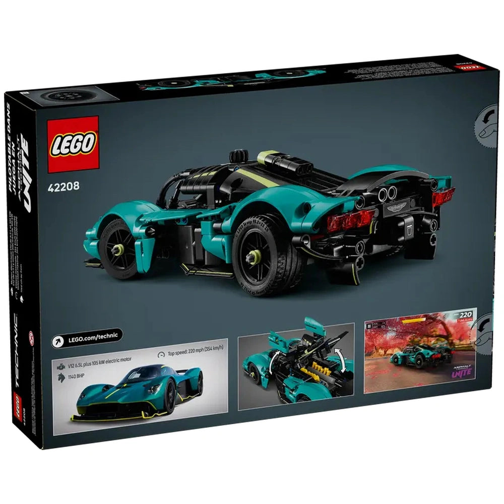 LEGO Aston Martin Valkyrie construction set in black packaging with blue accents, showcasing vehicle-building components.