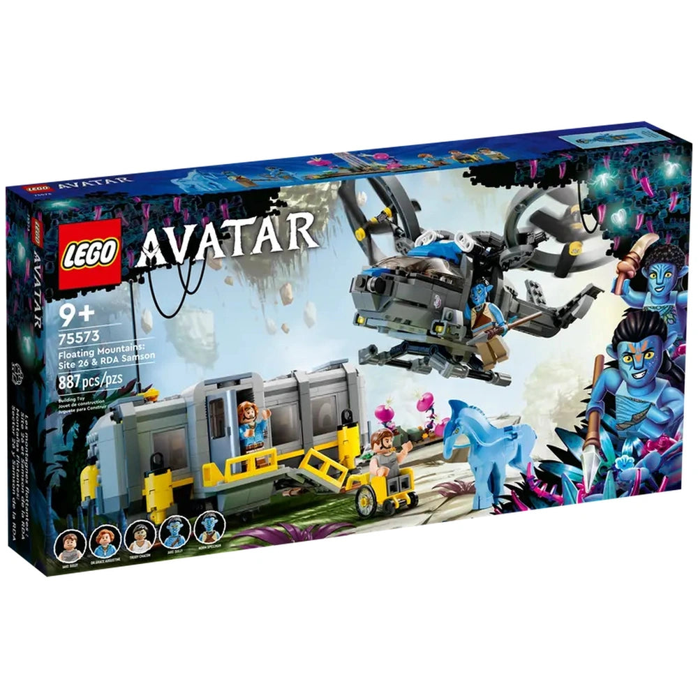 LEGO Avatar Floating Mountains set box featuring blue characters, a gray vehicle, and age recommendation of 9+.