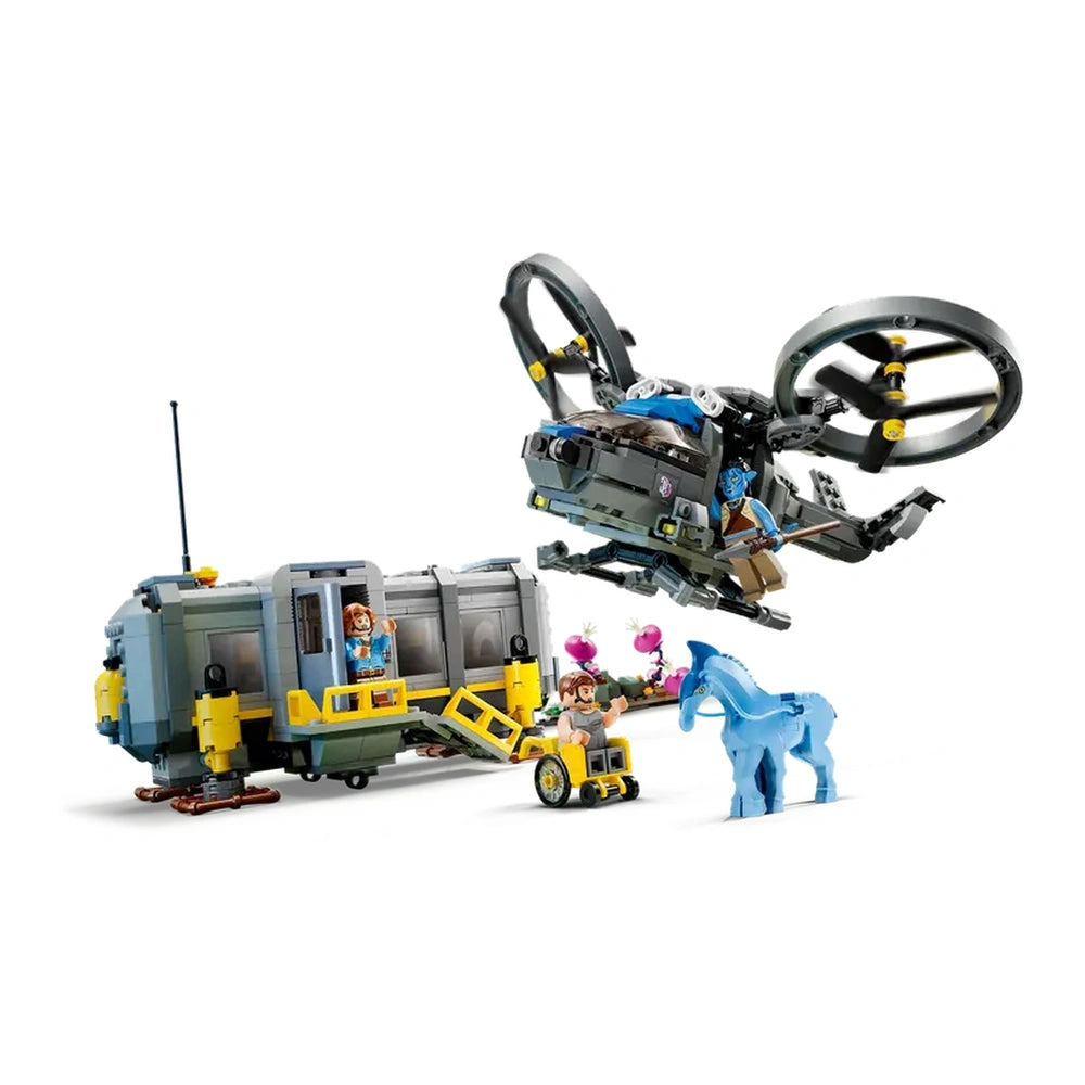 LEGO Avatar Floating Mountains set features a gray and yellow truck, a gray helicopter, a blue horse, and minifigures inside.
