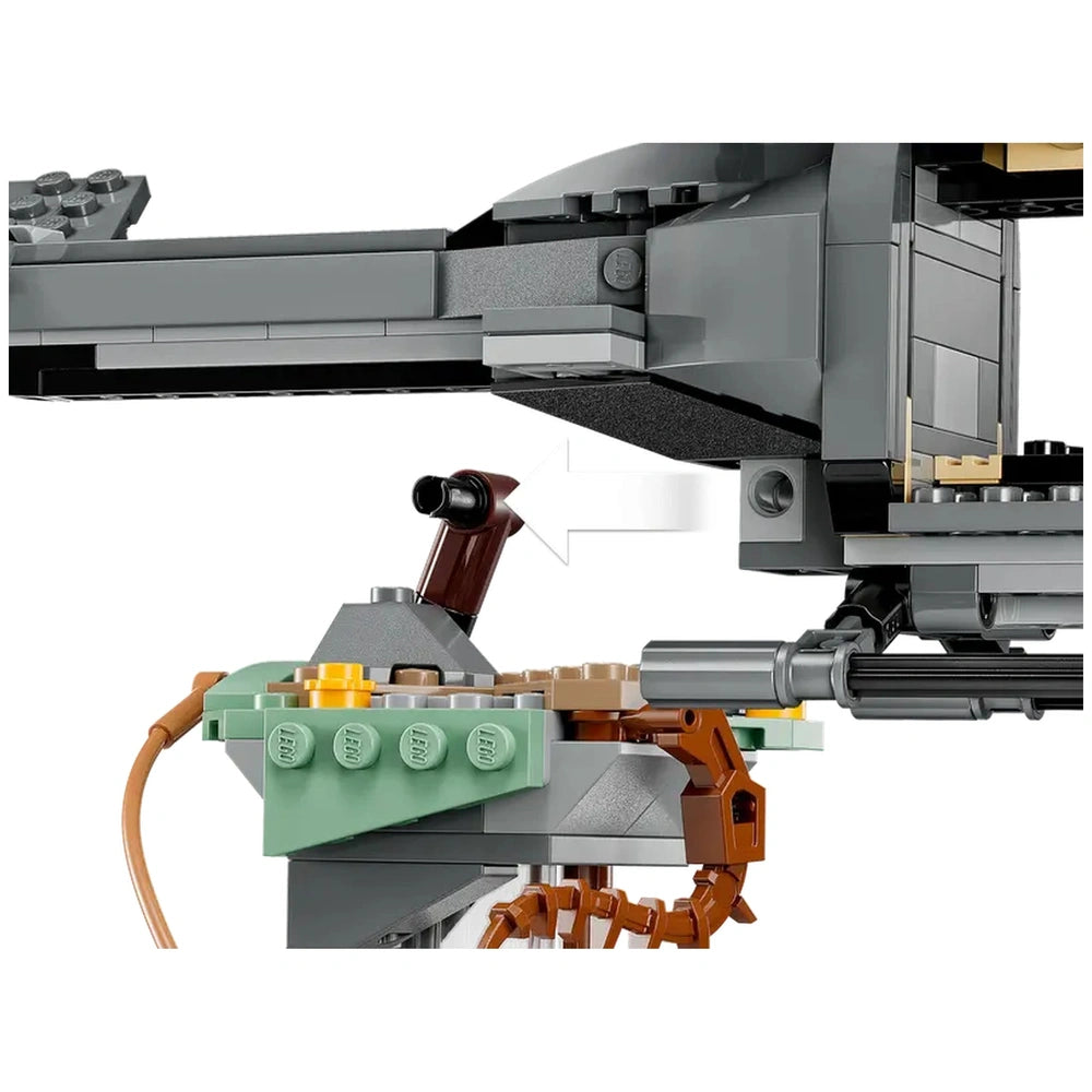 Lego Avatar Floating Mountains set showcases a complex assembly of gray, brown, and green bricks with a visible motor.